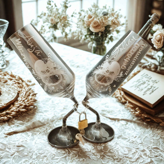 Sektgläser Paar mit Schloss und Kette