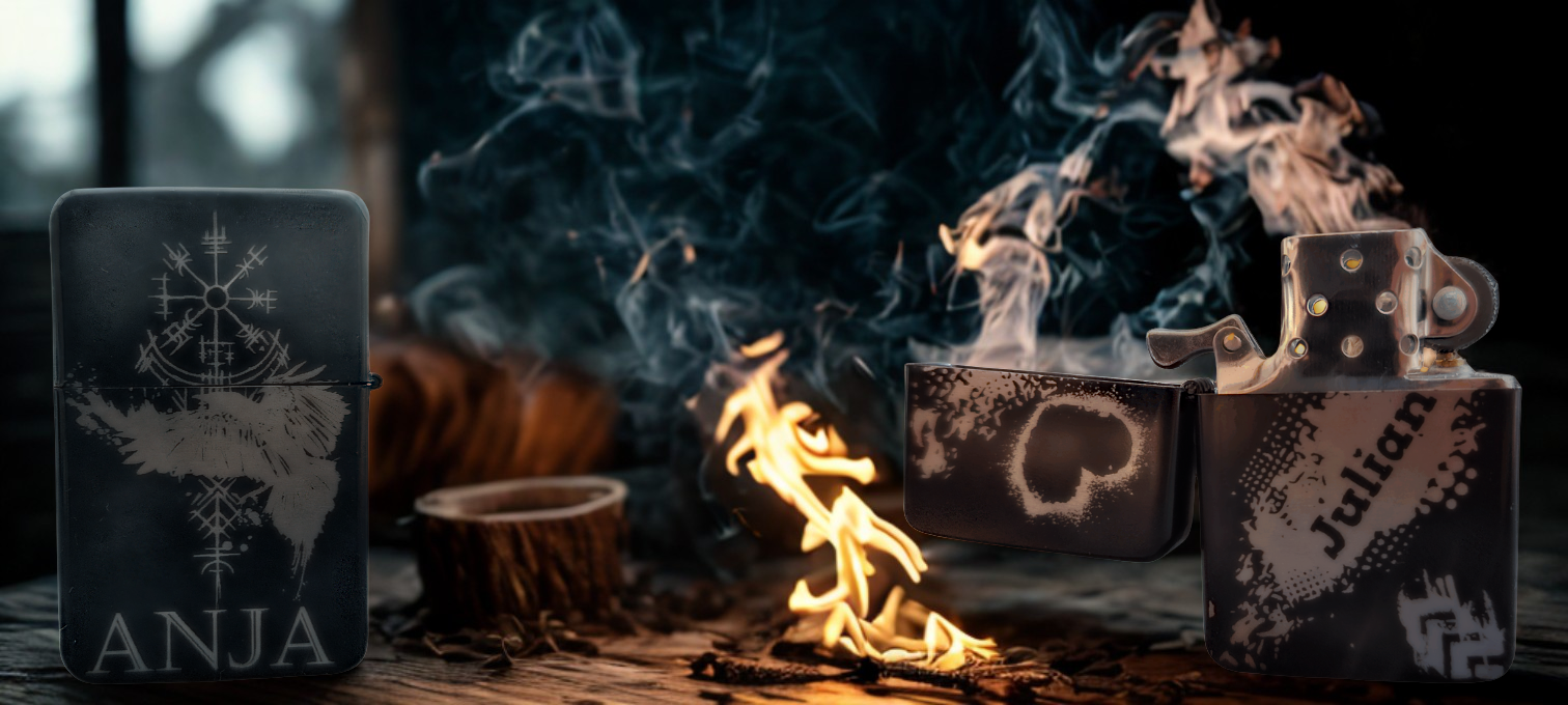 Zwei personalisierte Feuerzeuge von Black Forest Unic mit kunstvoller Gravur und Namen „Anja“ und „Julian“, arrangiert vor loderndem Feuer. Einzigartige Gravur-Designs in Handarbeit aus dem Schwarzwald – perfekt als Geschenk mit Charakter.